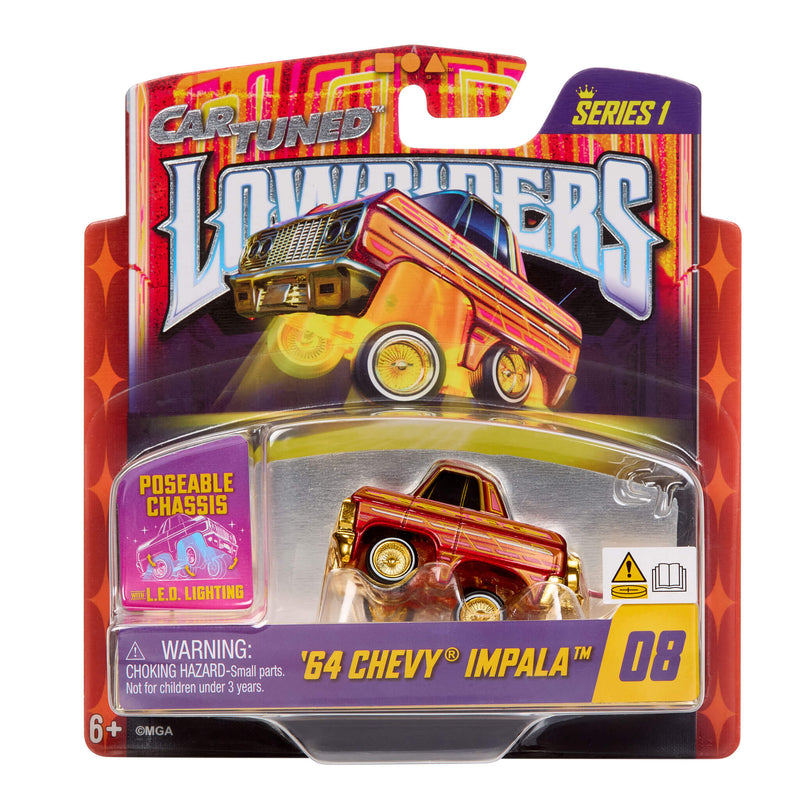 Toy car packaging for a '64 Chevy Impala with 'Car Tuned Lowriders' branding.