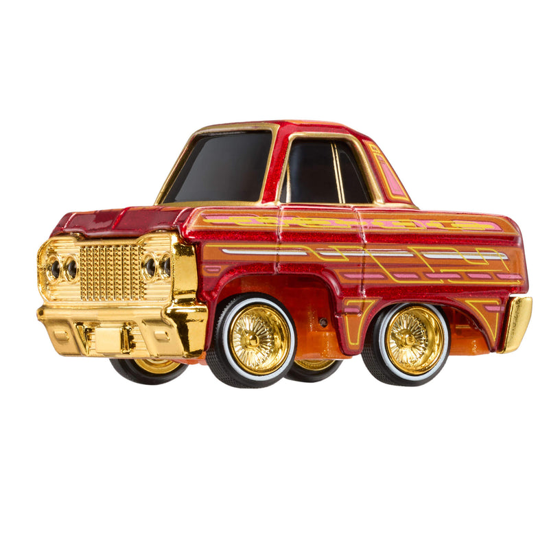 Toy truck with red body and gold accents on a white background