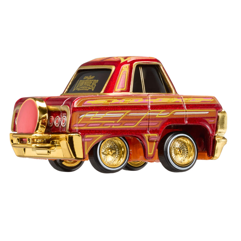 Model truck with red and gold color scheme on a white background