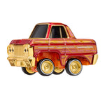 Red and gold toy truck lift up on a white background