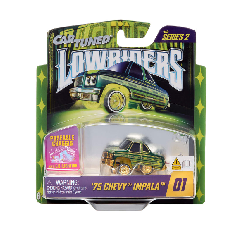 Car Tuned Lowriders '75 Chevy Impala toy car in packaging on a white background