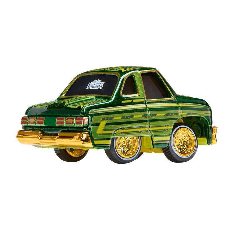 Green toy car with gold accents on a white background