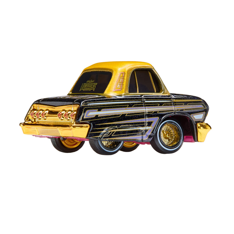 Toy car with black and gold design on a white background