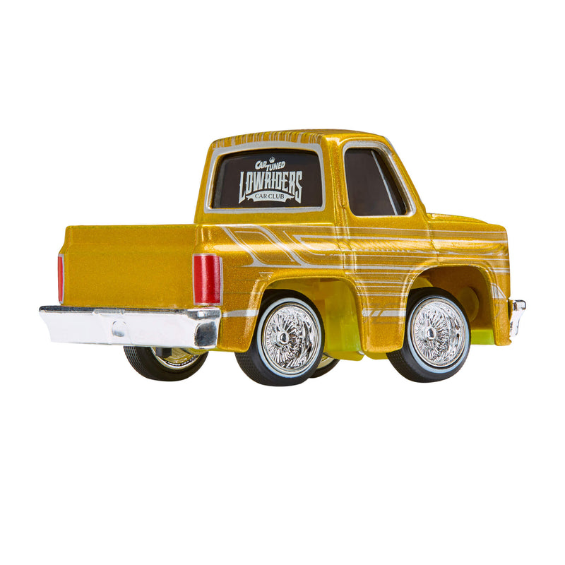 Yellow vintage truck with chrome details on a white background