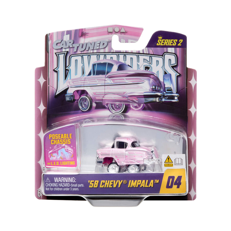 Pink '58 Chevy Impala toy car in packaging with 'Car Tuned' branding on a white background
