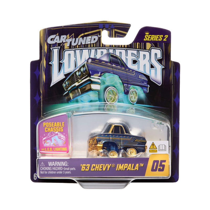 Toy car packaging for a '63 Chevy Impala model in a Car Tuned Lowriders series 2 display.