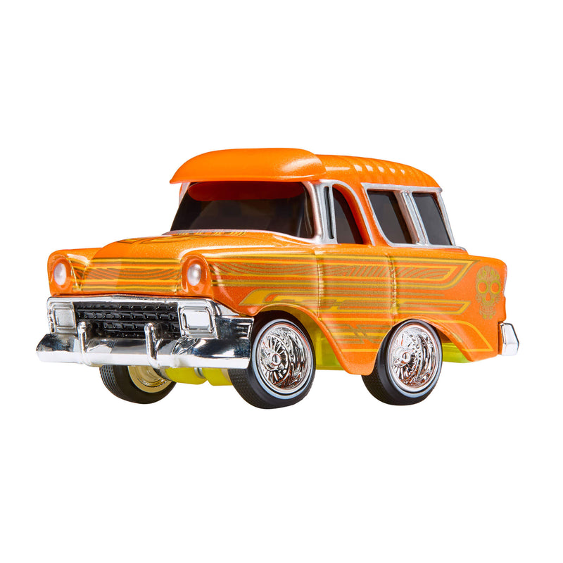 Model of a vintage orange car on a white background