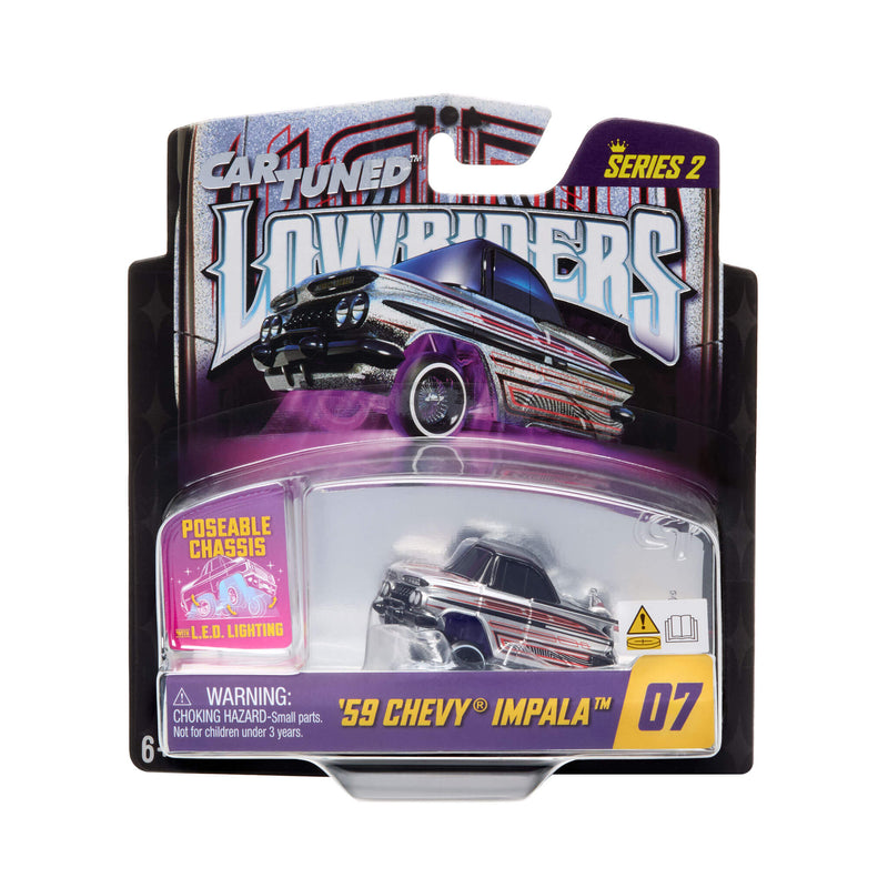 Car Tuned Lowriders '59 Chevy Impala toy car in packaging on a white background