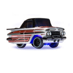 A classic car with a black, red, and silver design on a white background