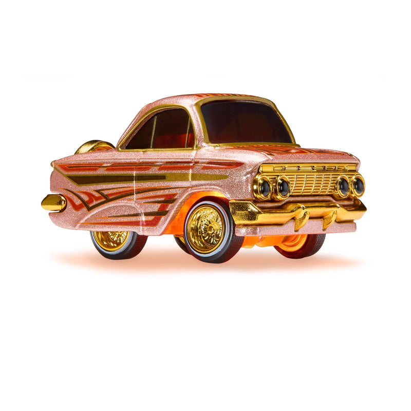 Decorative car with gold accents on a white background
