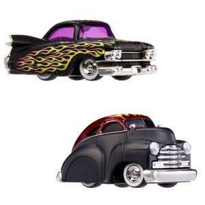 Two vintage-style toy cars with flame designs on a white background