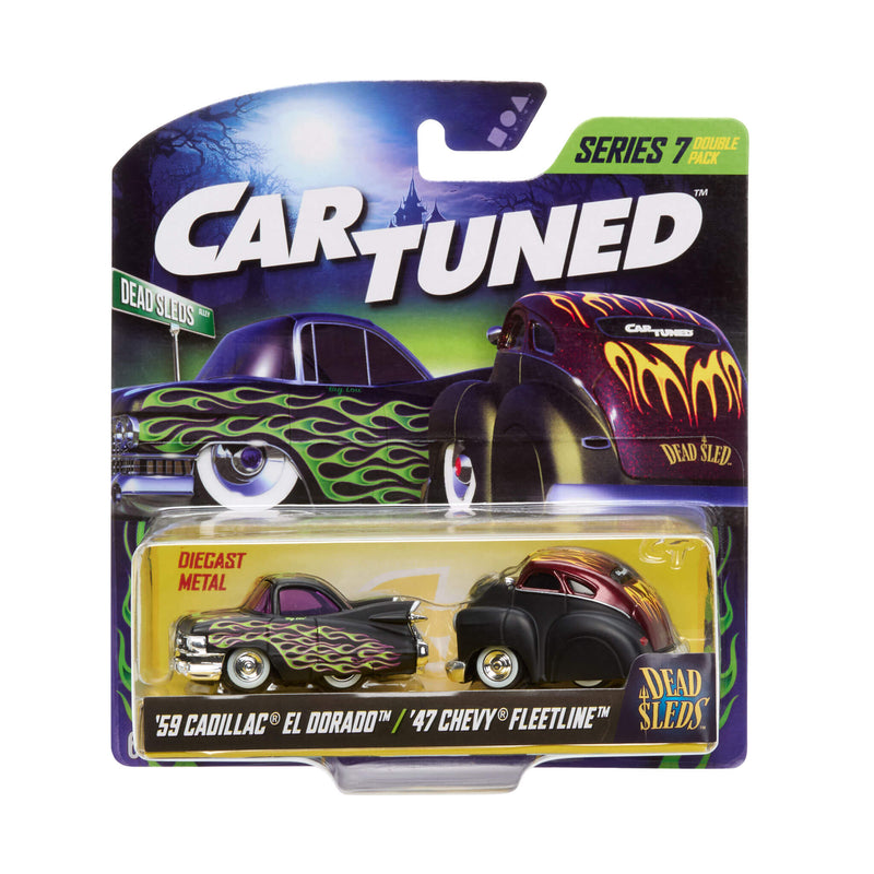 Cartuned diecast car packaging with '59 Cadillac El Dorado and '47 Chevy Fleetline on a white background