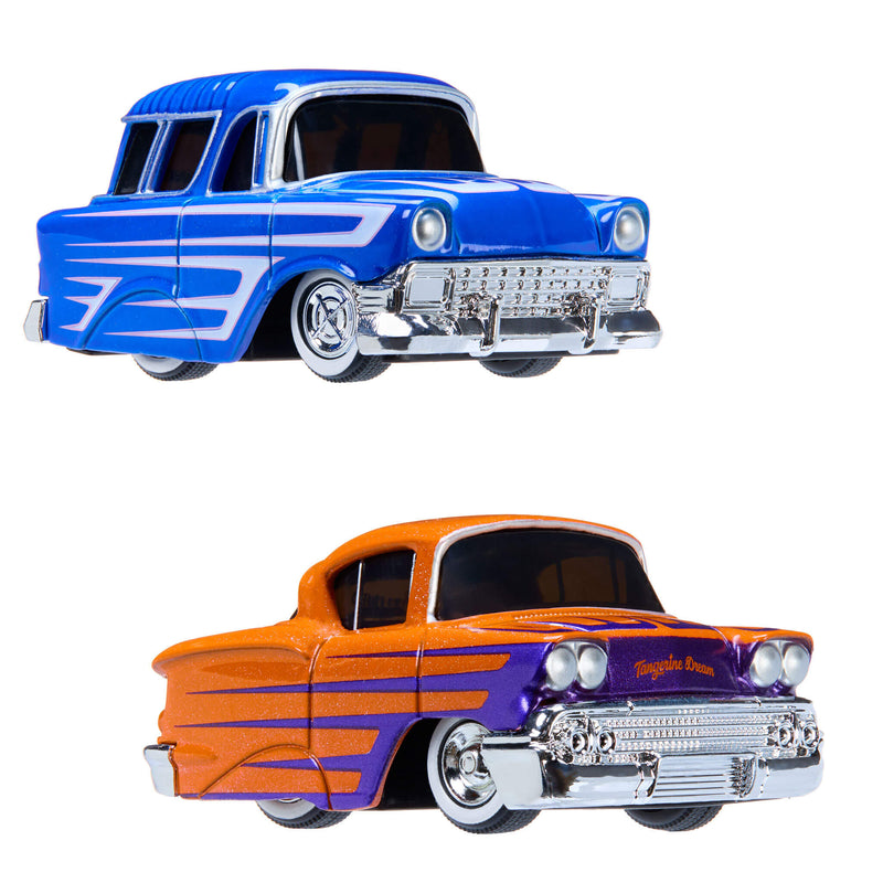 Two toy cars, one blue and white, one orange and purple, on a white background.