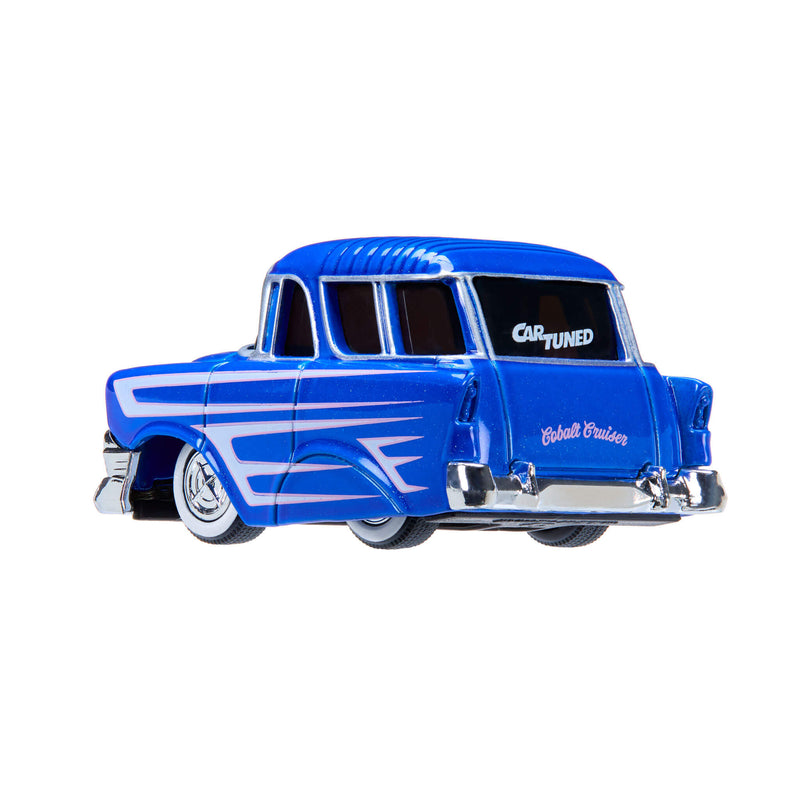 Blue model car with white stripes on a white background