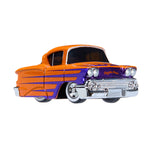 A classic car with orange and purple design on a white background