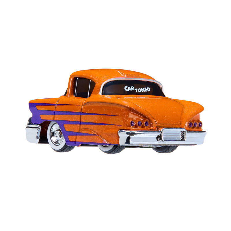 Car with orange body and purple stripes on a white background