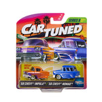Cartuned car packaging with two vintage Chevrolet cars on a colorful background