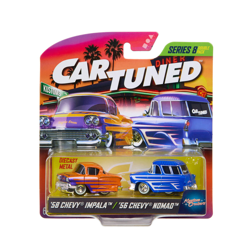 Cartuned car packaging with two vintage Chevrolet cars on a colorful background