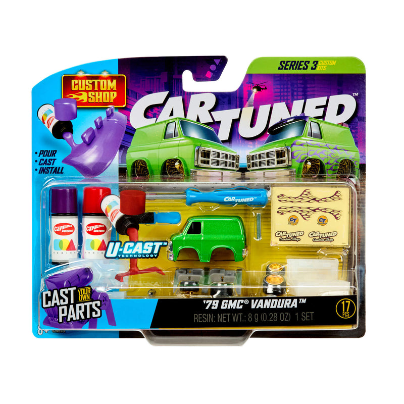 Cart Tuned toy car set packaging with green van and accessories on a white background
