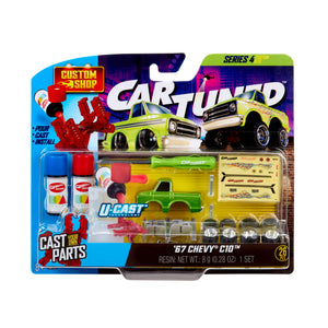 CarTuned toy, model pickup truck set packaging with green truck base and accessories on a white background