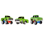 Green pickup truck shown in three different positions on a white background
