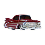 A classic red car with white stripes on a white background