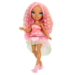 Doll with pink hair and dress on a white background