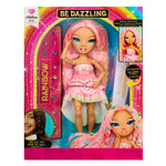 Rainbow High doll packaging with pink hair and dress, featuring brand logos and product name Adeline Rose.