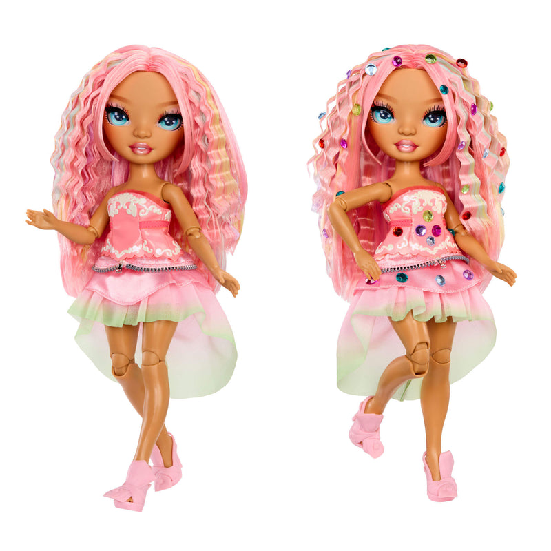 Two dolls-one with gems one without gems- with pink hair and dresses on a white background