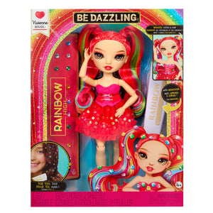Vivienne Rouge toy doll with colorful hair in packaging, featuring the brand 'Rainbow High'