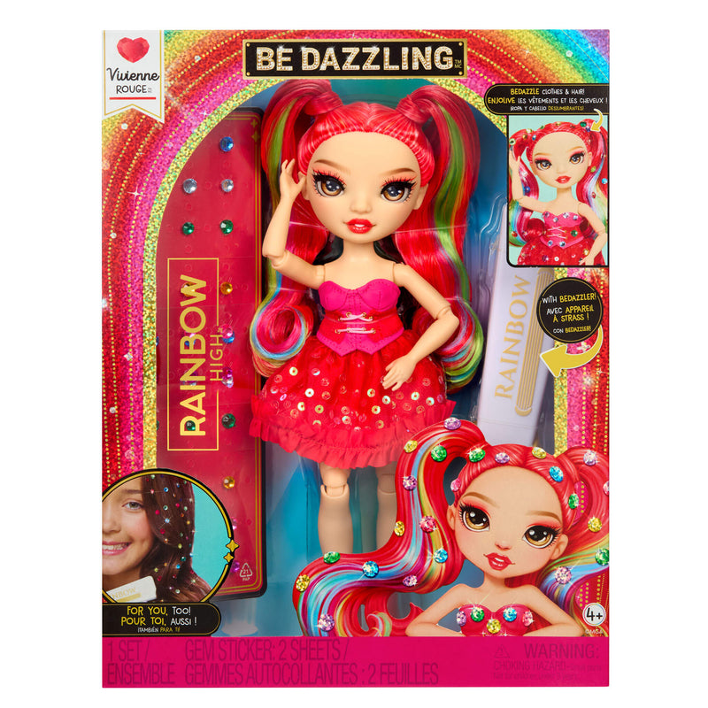Vivienne Rouge toy doll with colorful hair in packaging, featuring the brand 'Rainbow High'