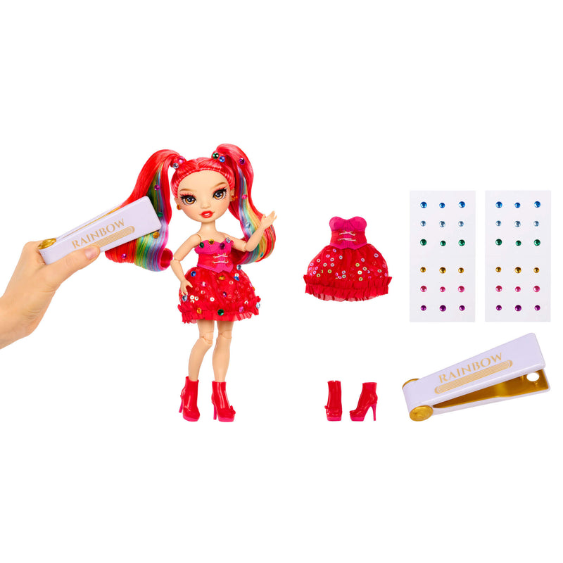 Toy doll with accessories including a dress, shoes, and hair gems on a white background