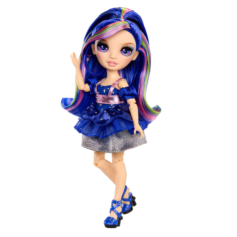 Doll with blue hair and colorful blue dress on a white background