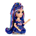 Doll with gems in her colorful purple hair and outfit on a white background