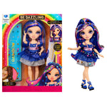 Toy doll with colorful hair and outfit next to its packaging