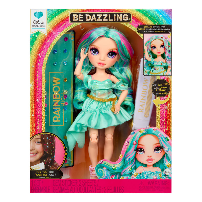 Toy doll with teal hair and dress in colorful packaging