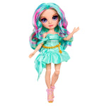 Toy doll with teal and pink hair and a matching outfit on a white background