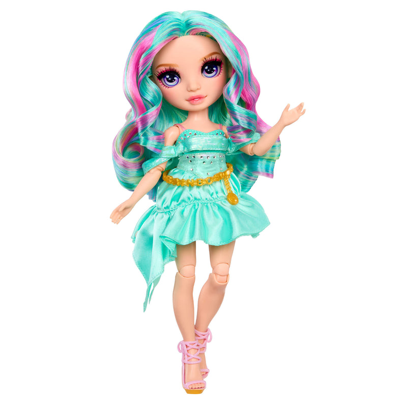 Toy doll with teal and pink hair and a matching outfit on a white background