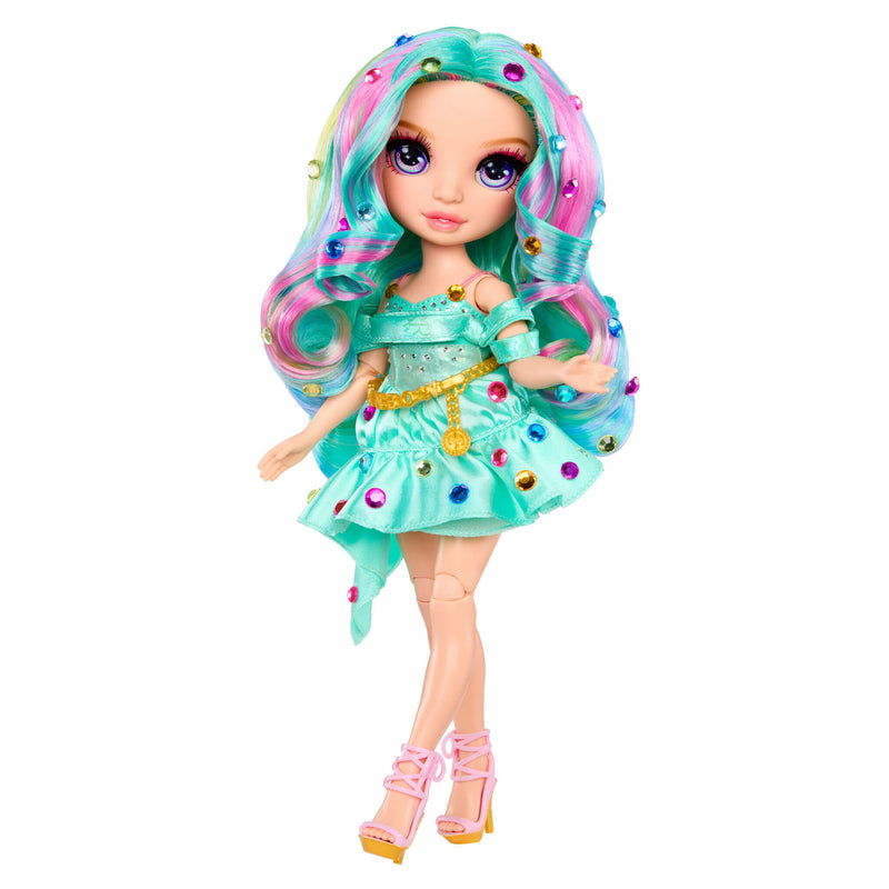 Colorful doll with turquoise hair with gems and dress on a white background