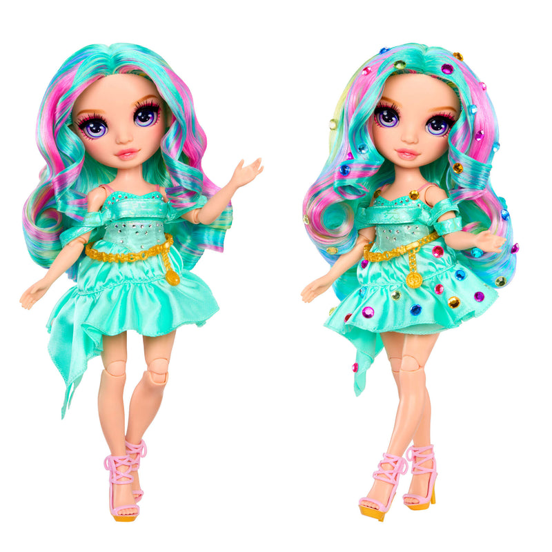 Two dolls one with gems one without gems with colorful hair and outfits on a white background