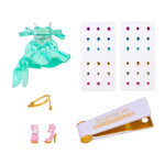 Collection of accessories including a Turquoise dress, gems, a gold belt, shoes and bedazzling tool on a white background.