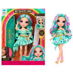 Colorful doll with teal hair and outfit next to its packaging