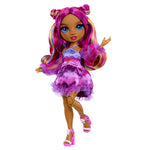 Colorful doll with pink and purple hair and purple outfit on a white background