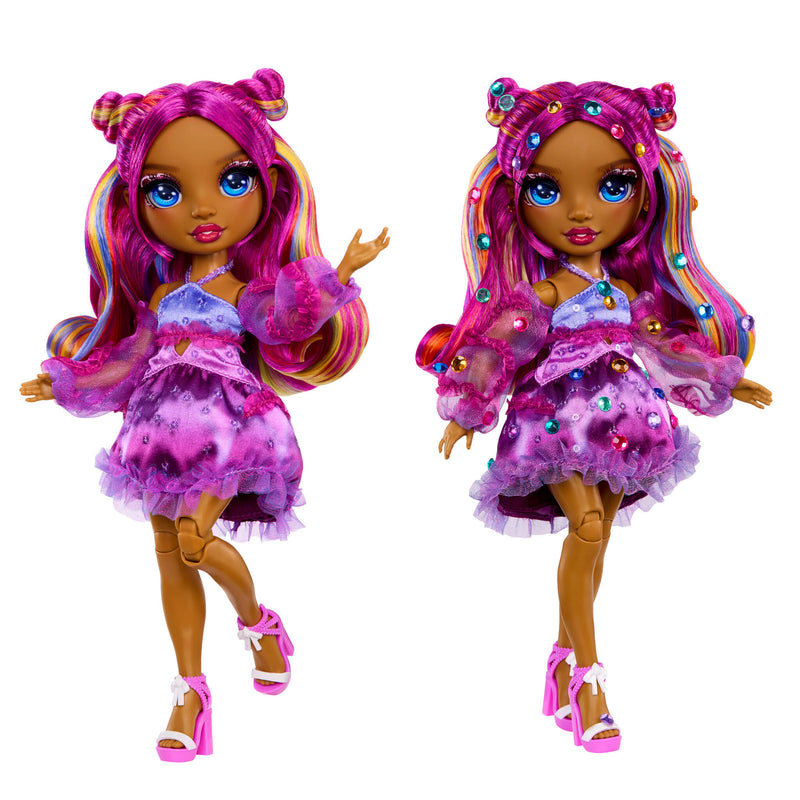 Two dolls one with gems and one without gems, with vibrant pink hair and outfits on a white background