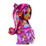 Colorful doll with pink and purple hair and outfit on a white background