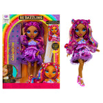 Rainbow High doll with colorful hair and outfit next to its packaging
