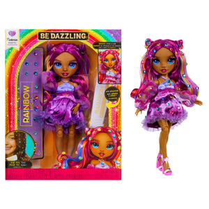 Rainbow High doll with colorful hair and outfit next to its packaging