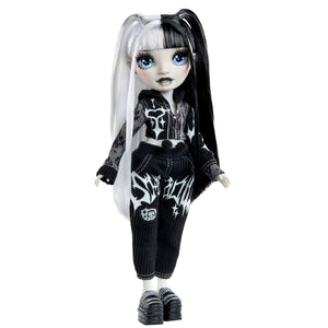 Doll with black and white hair styled in pigtails, wearing a black and white outfit with 'Goth' text on a white background.