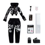 black and white outfit with accessories on a white background