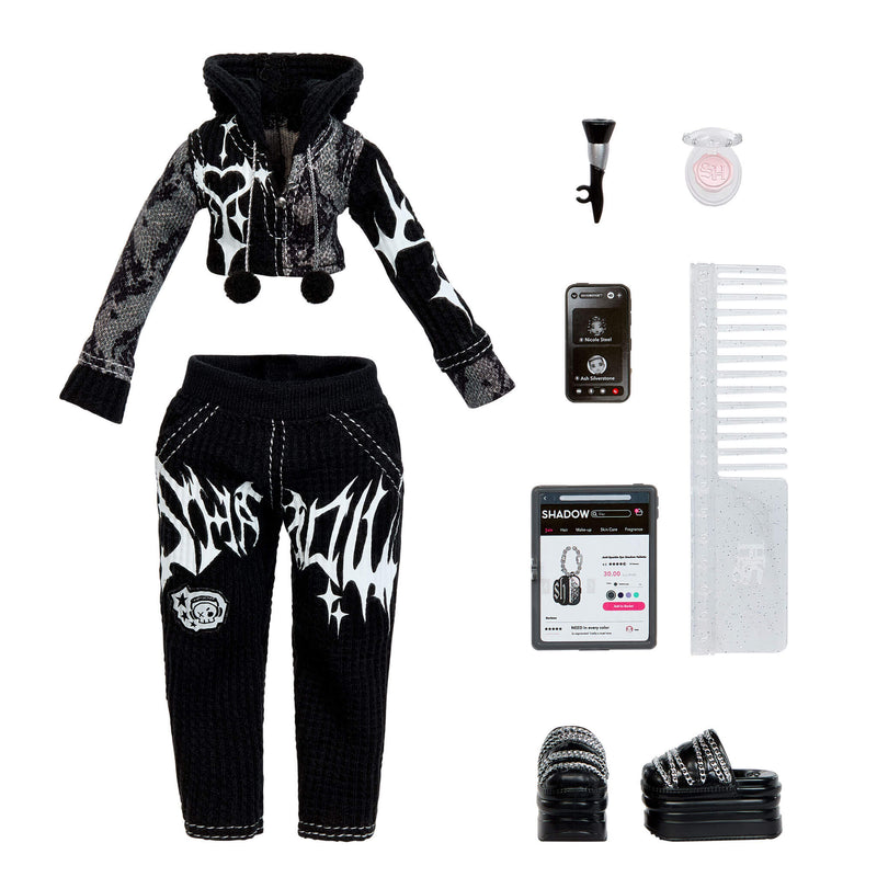 black and white outfit with accessories on a white background